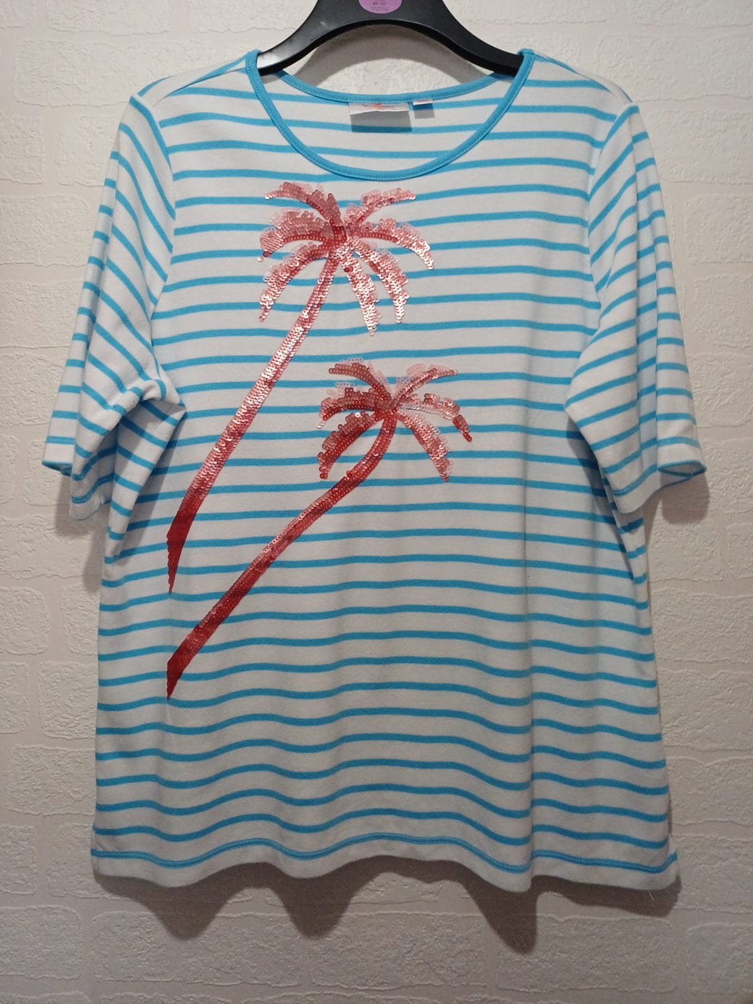 Women's Top Quacker Factory by Jeanne Bice White/Turquoise Blue Striped Pink Sequin Palm Tree Short Sleeve Size L Very Good