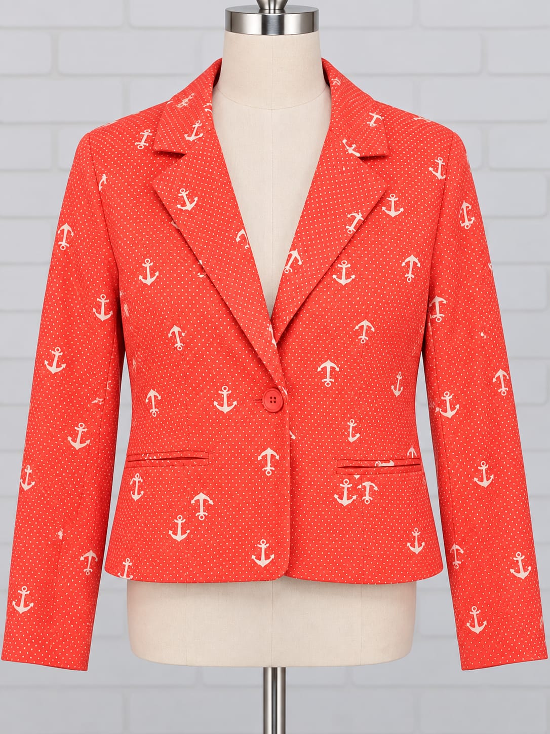 Women's Jacket I Love H81 Coral/Orange Nautical Anchor Polka Dot Fitted Blazer Two-Button Size S/P