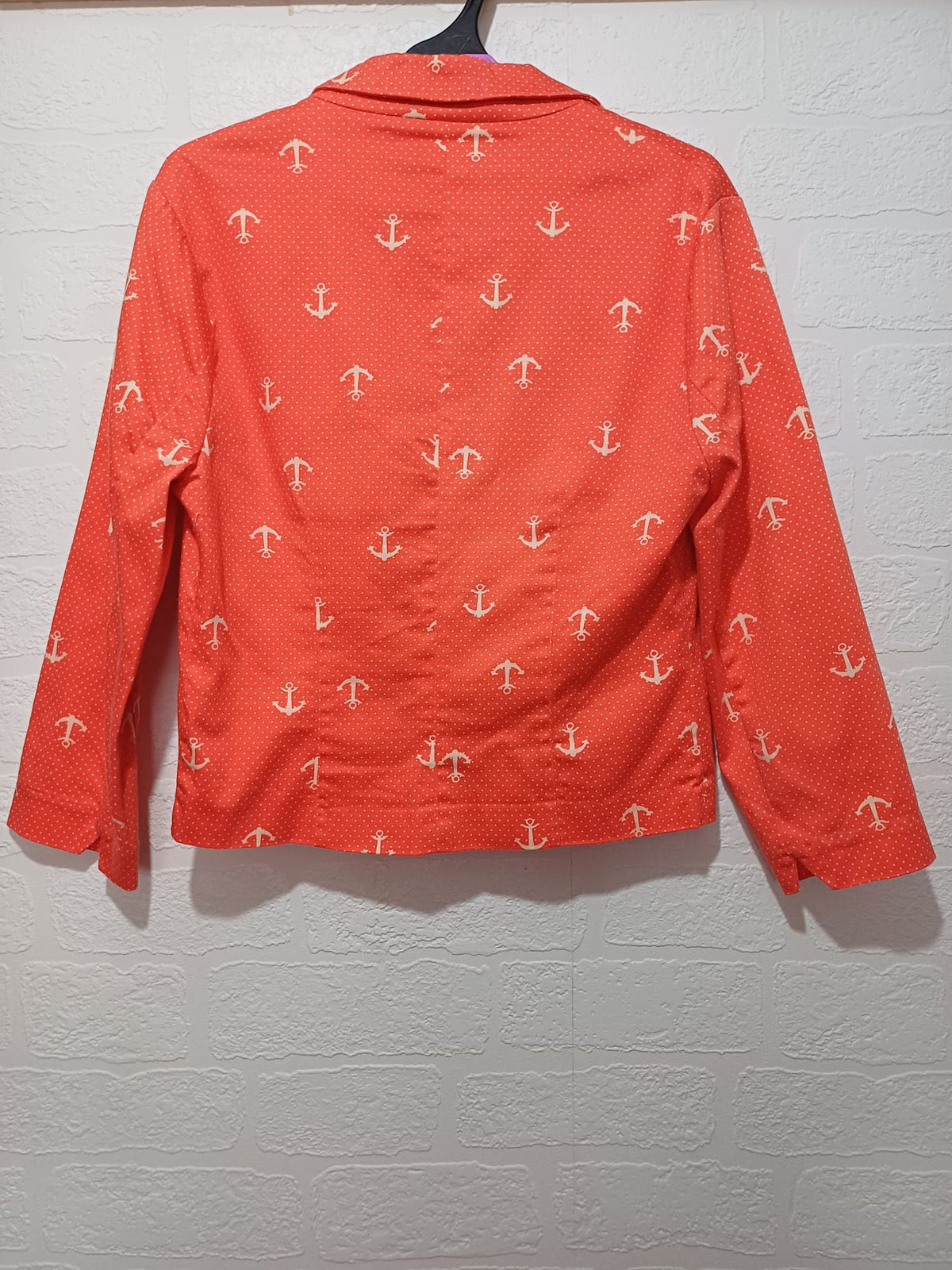 Women's Jacket I Love H81 Coral/Orange Nautical Anchor Polka Dot Fitted Blazer Two-Button Size S/P