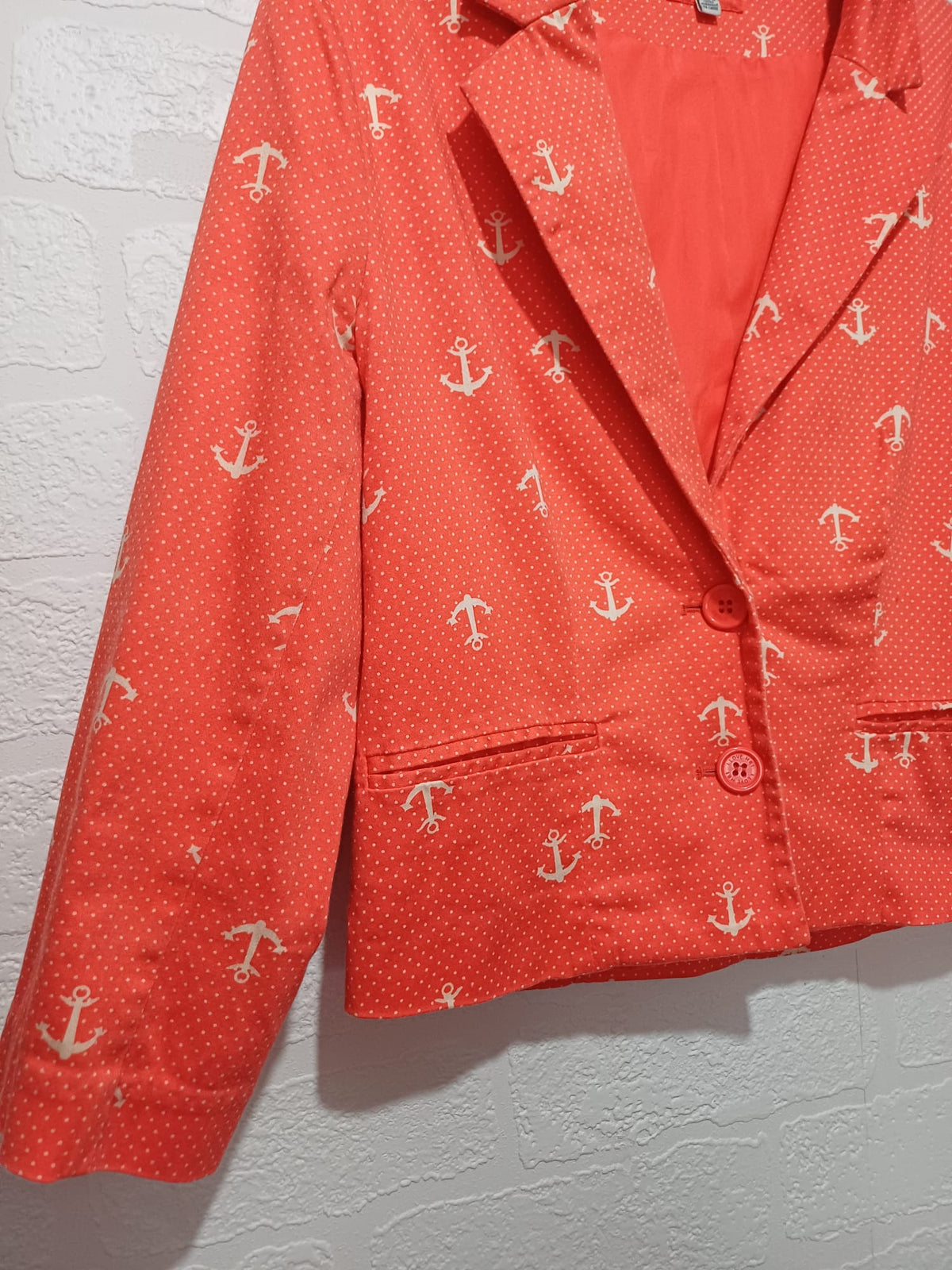 Women's Jacket I Love H81 Coral/Orange Nautical Anchor Polka Dot Fitted Blazer Two-Button Size S/P
