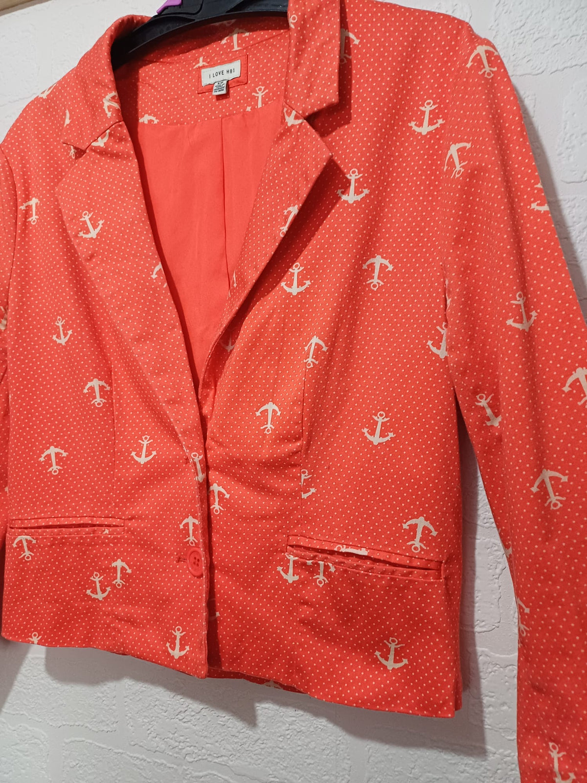 Women's Jacket I Love H81 Coral/Orange Nautical Anchor Polka Dot Fitted Blazer Two-Button Size S/P