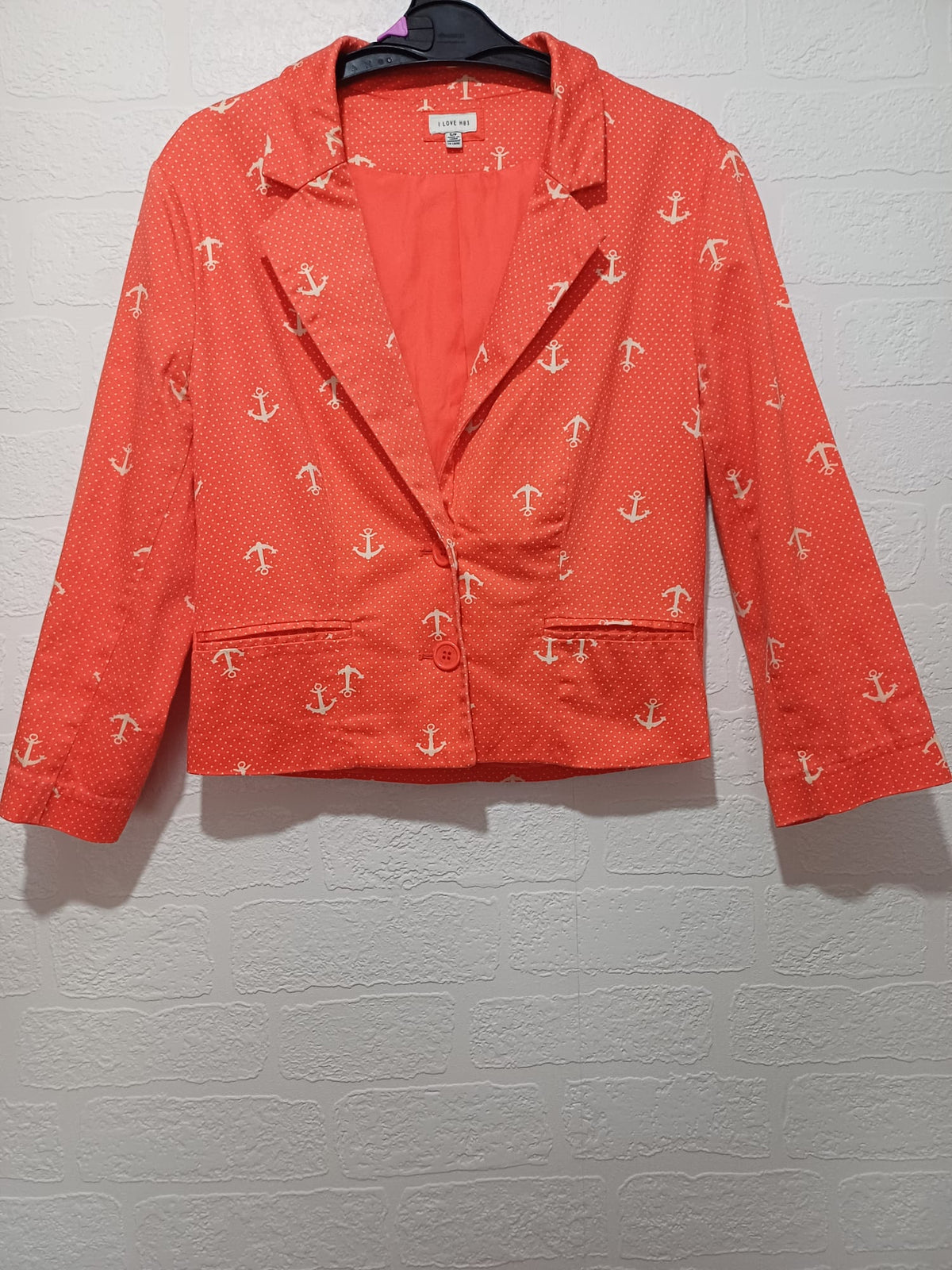 Women's Jacket I Love H81 Coral/Orange Nautical Anchor Polka Dot Fitted Blazer Two-Button Size S/P