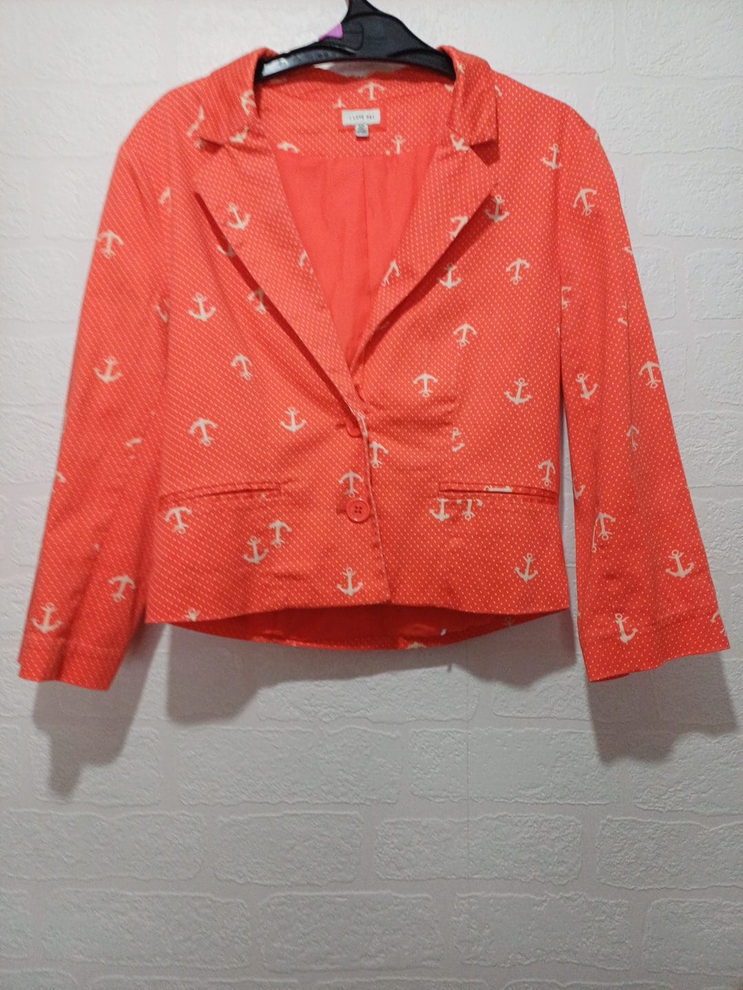 Women's Jacket I Love H81 Coral/Orange Nautical Anchor Polka Dot Fitted Blazer Two-Button Size S/P
