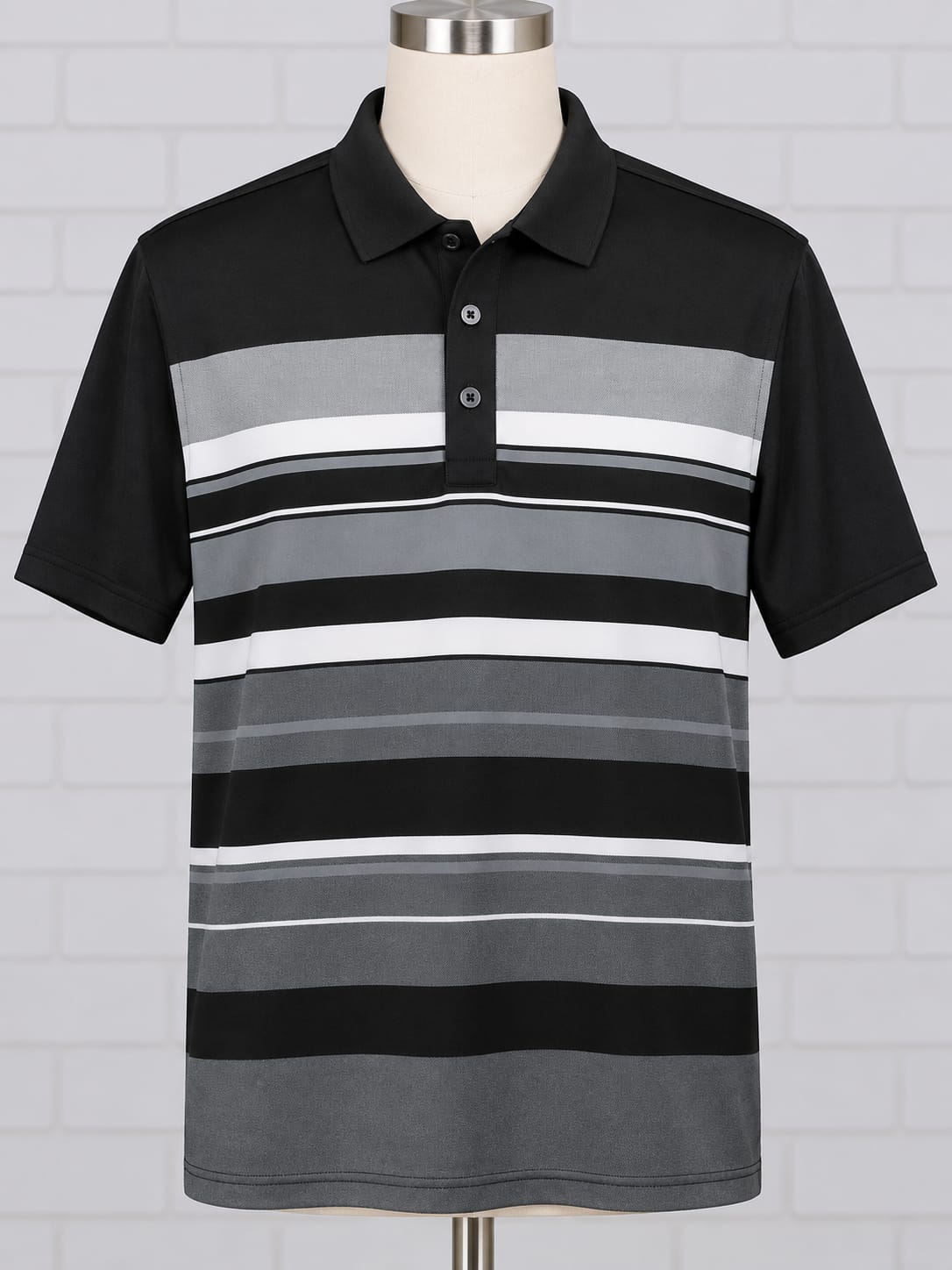 Men's Polo Shirt Adidas ClimaCool Black/Grey/White Striped Golf Size M Great Condition