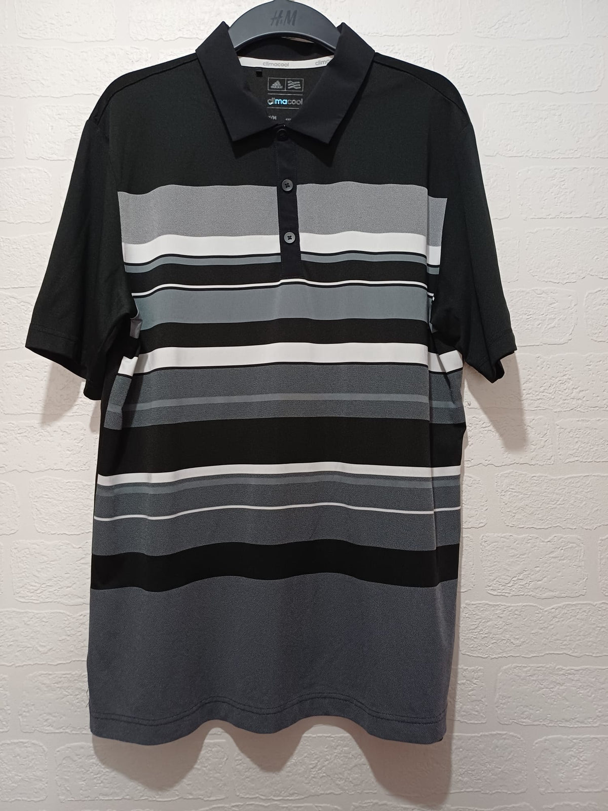 Men's Polo Shirt Adidas ClimaCool Black/Grey/White Striped Golf Size M Great Condition