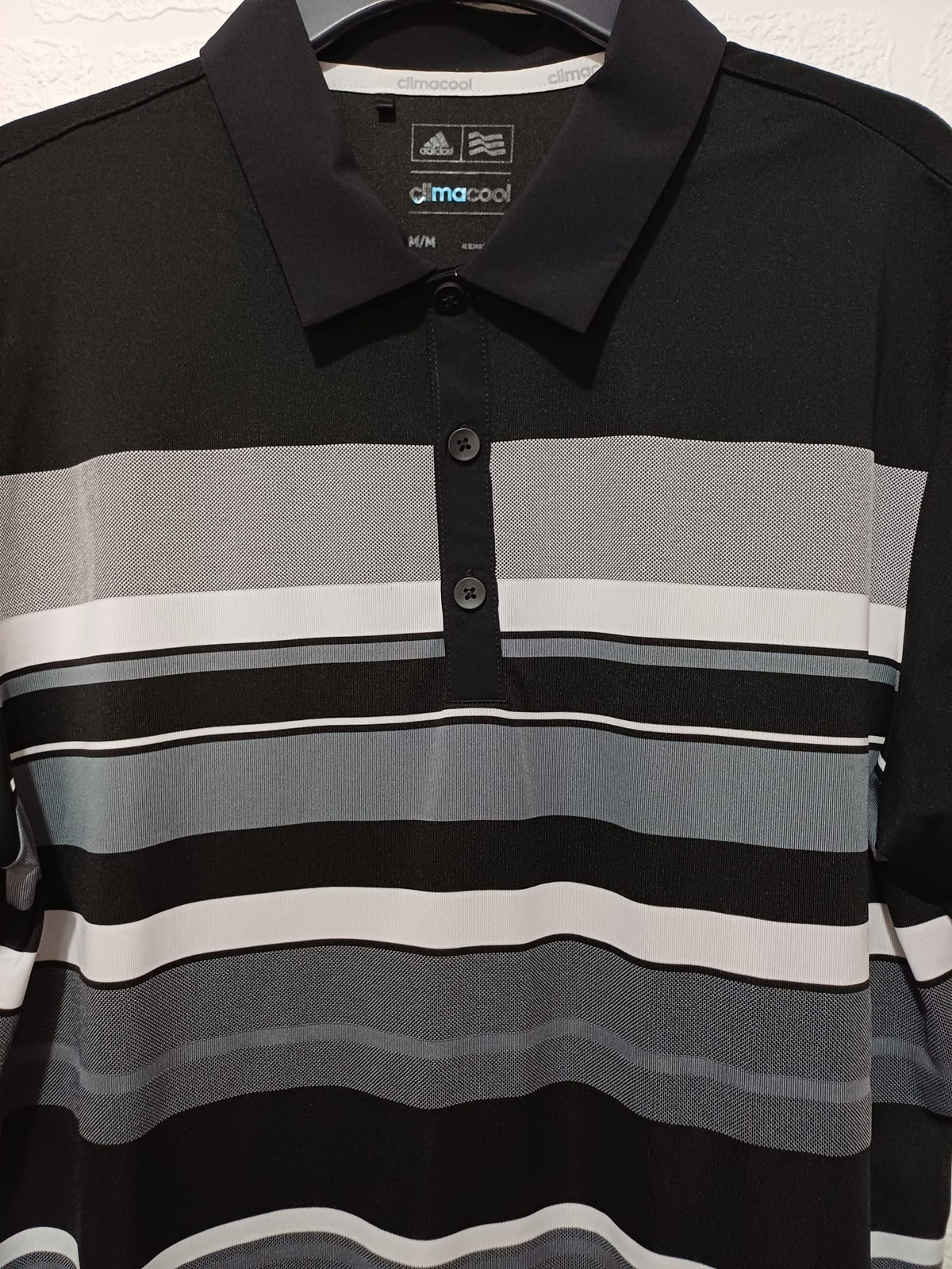 Men's Polo Shirt Adidas ClimaCool Black/Grey/White Striped Golf Size M Great Condition