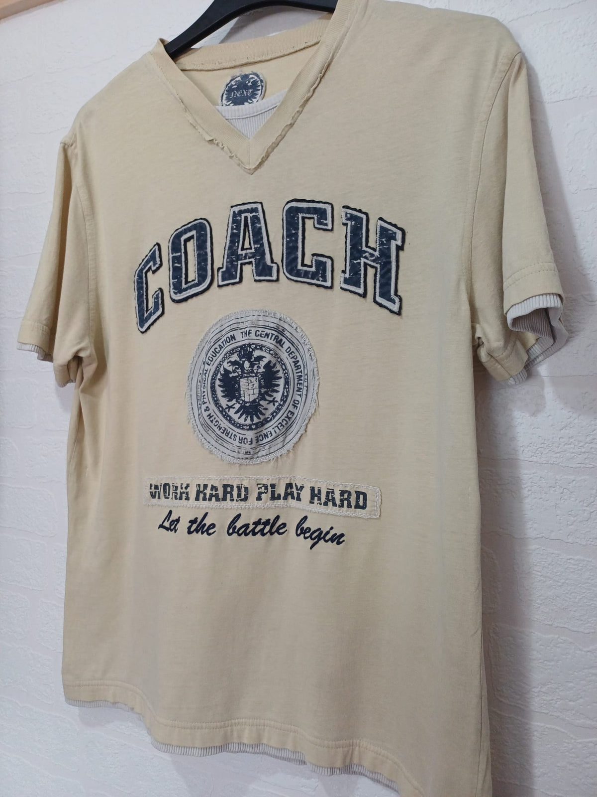 Men's T-Shirt Next Coach Graphic Beige V-Neck Size L Very Good Condition
