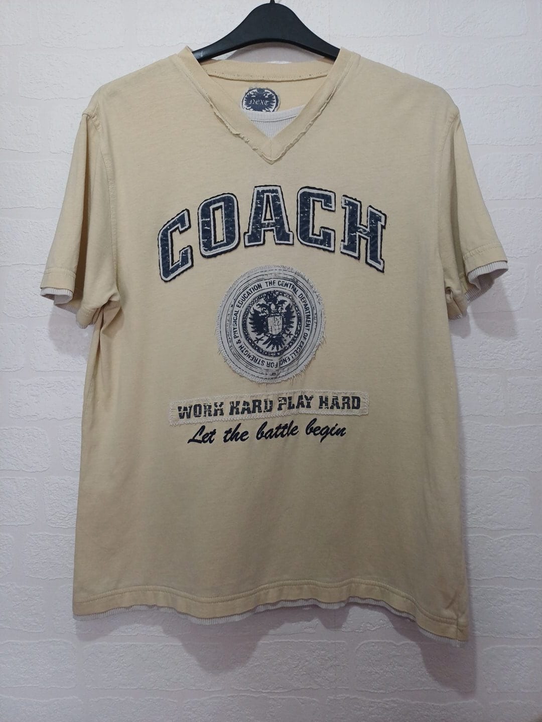 Men's T-Shirt Next Coach Graphic Beige V-Neck Size L Very Good Condition