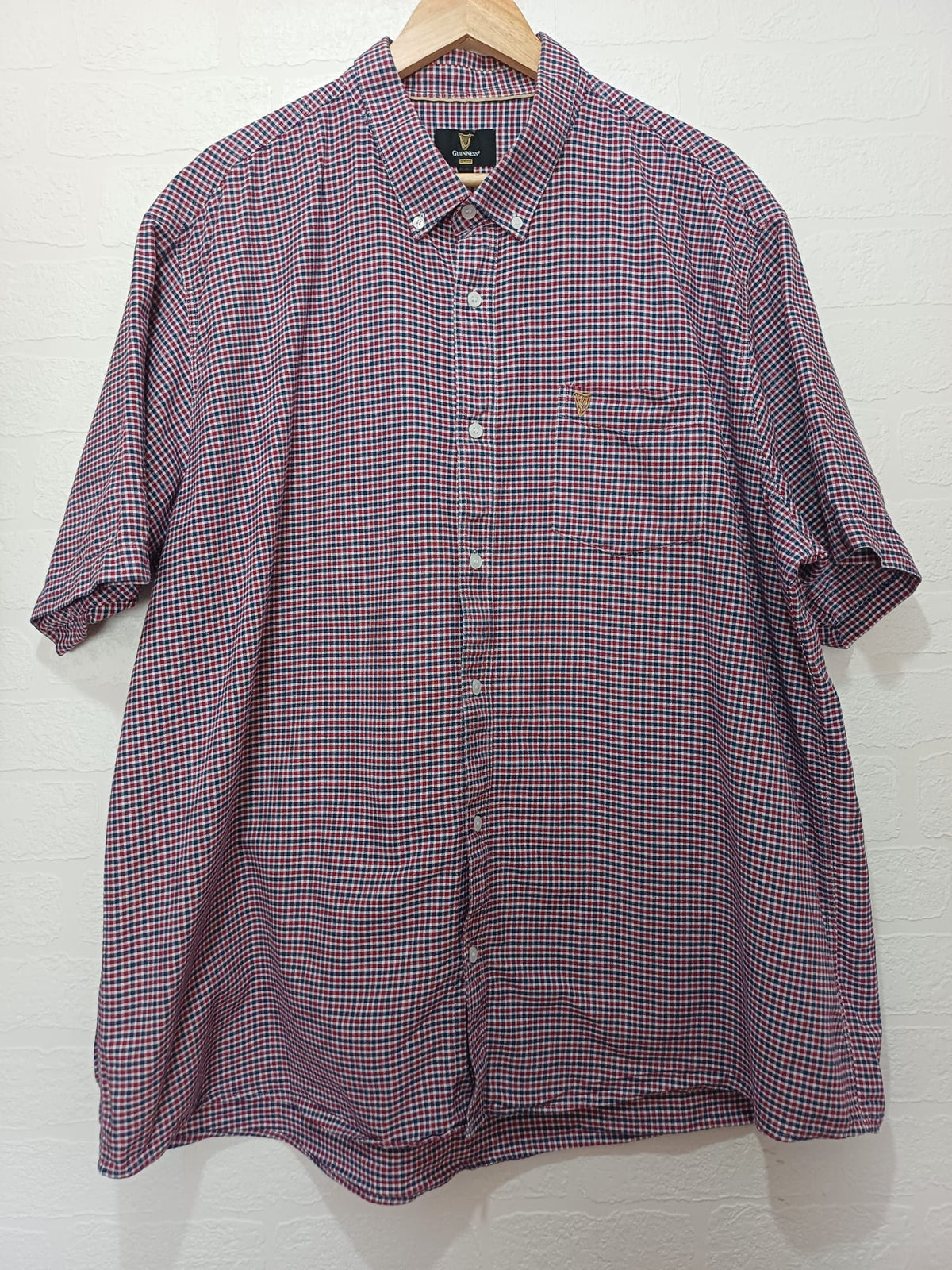 Men's Shirt Guinness Check Red Navy Short Sleeve Size 3XL Very Good Condition