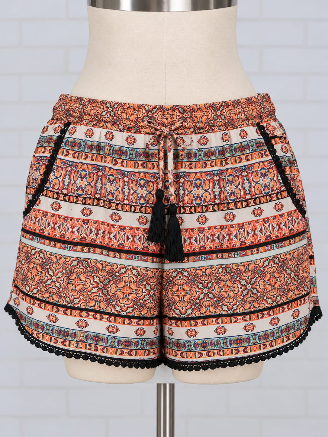 Women's Shorts Primark Boho Paisley Orange Tassel Festival Size 12 Very Good Condition