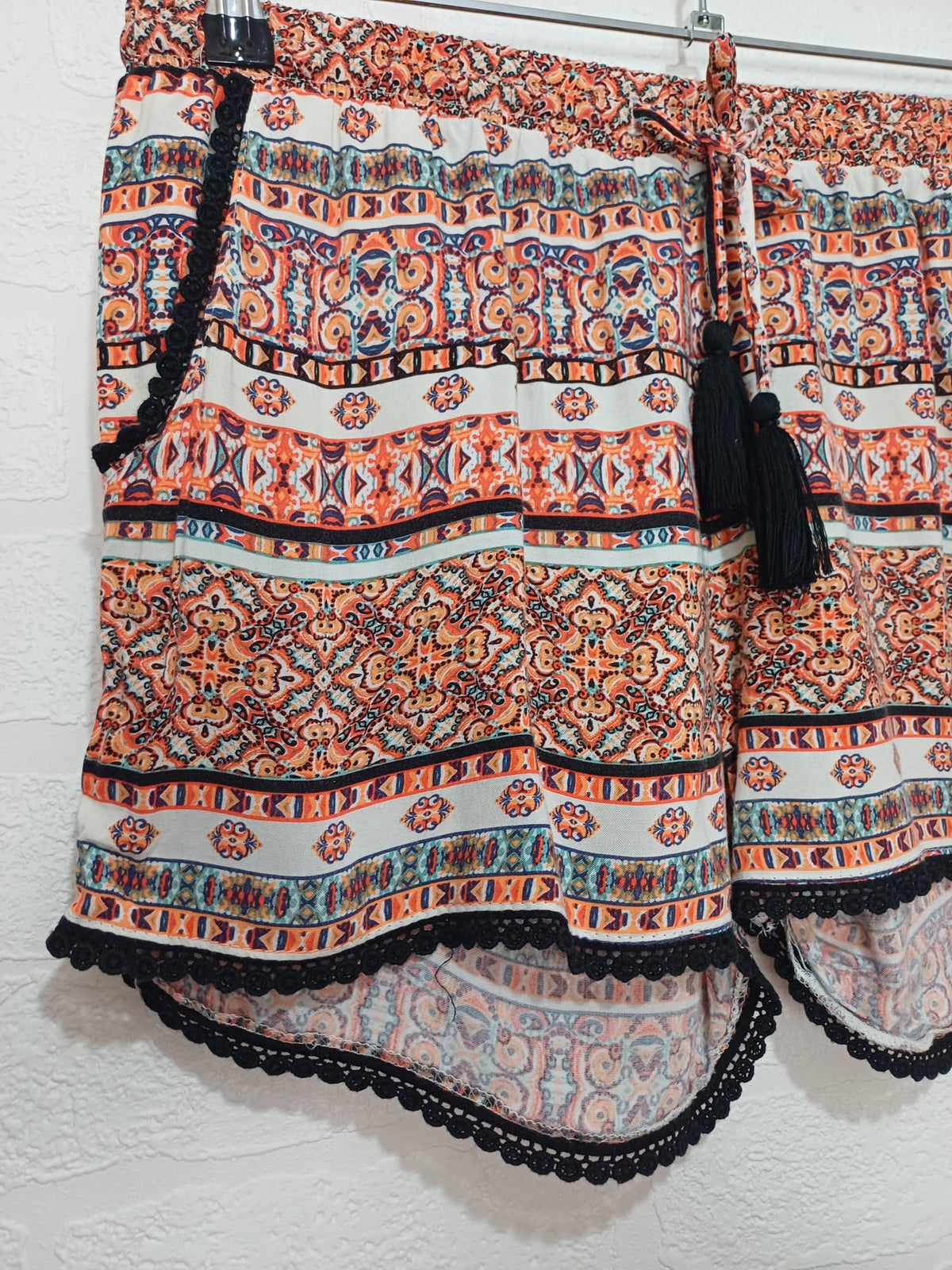 Women's Shorts Primark Boho Paisley Orange Tassel Festival Size 12 Very Good Condition