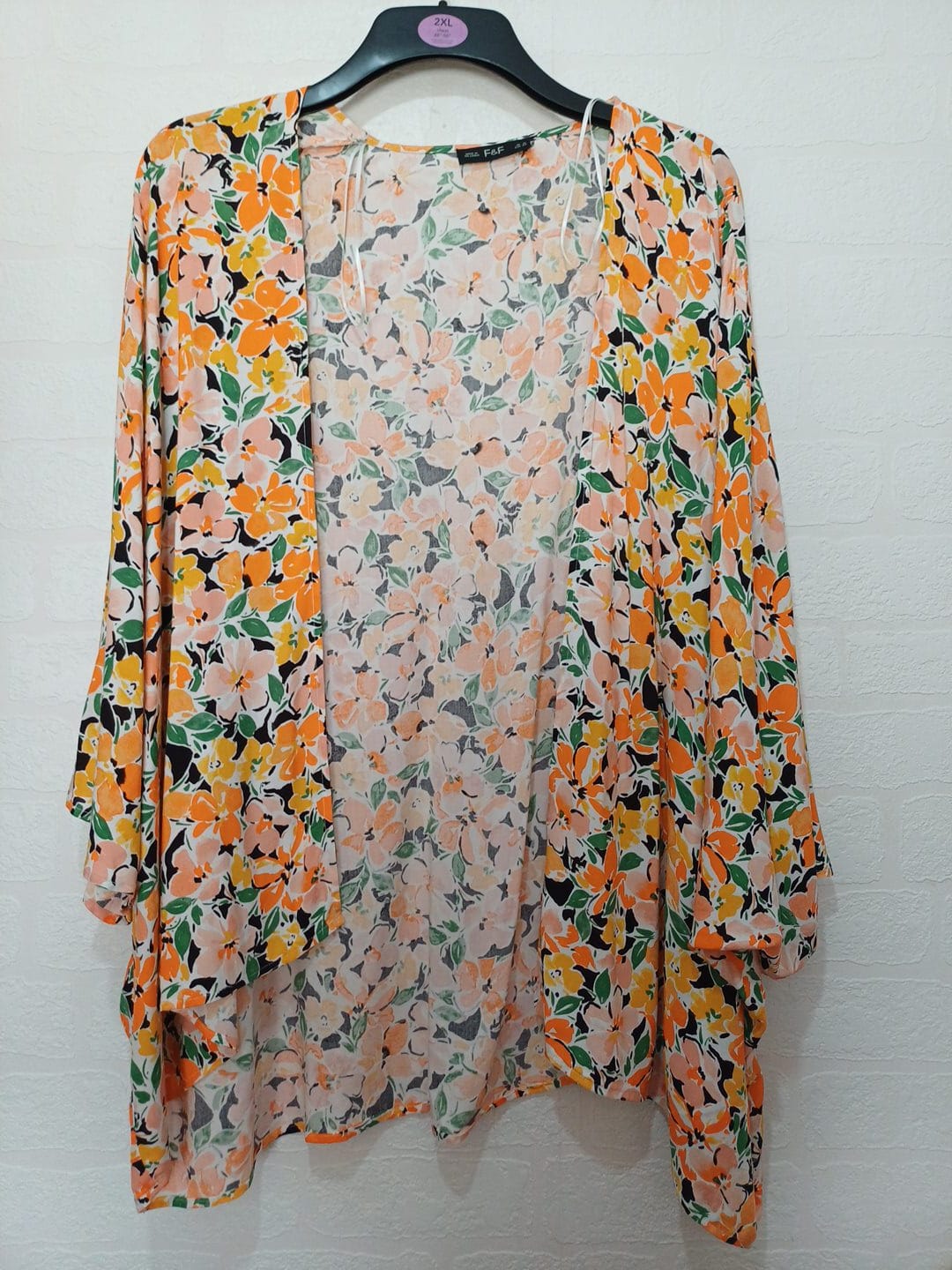 Women's Kimono Cardigan F&F Floral Orange Green Size 16 Very Good Condition