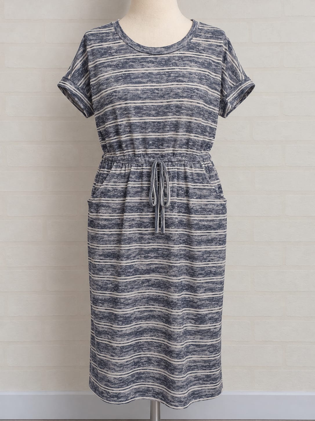 Women's Midi Dress Blue Grey White Striped Drawstring Size M Very Good Condition