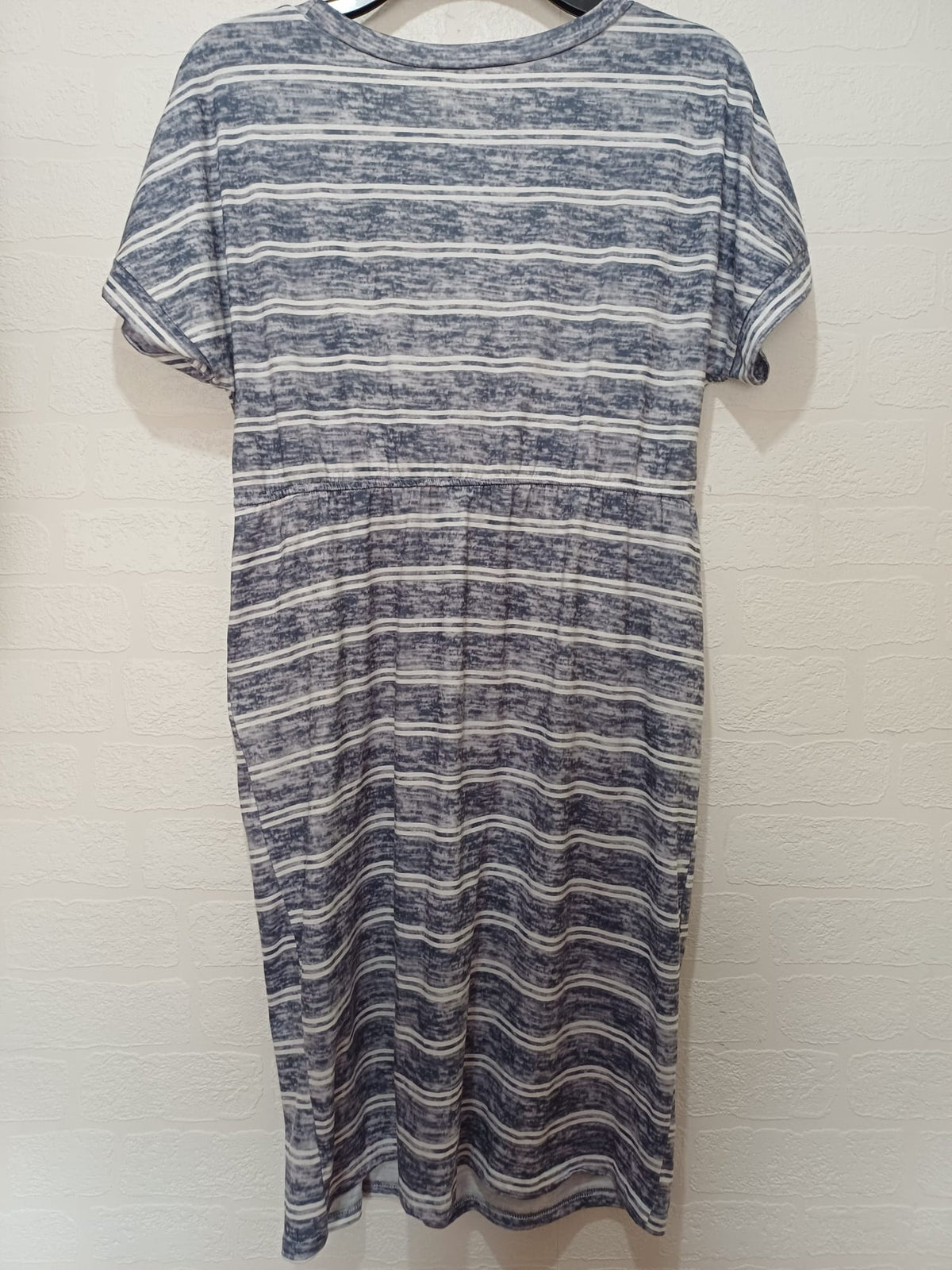 Women's Midi Dress Blue Grey White Striped Drawstring Size M Very Good Condition