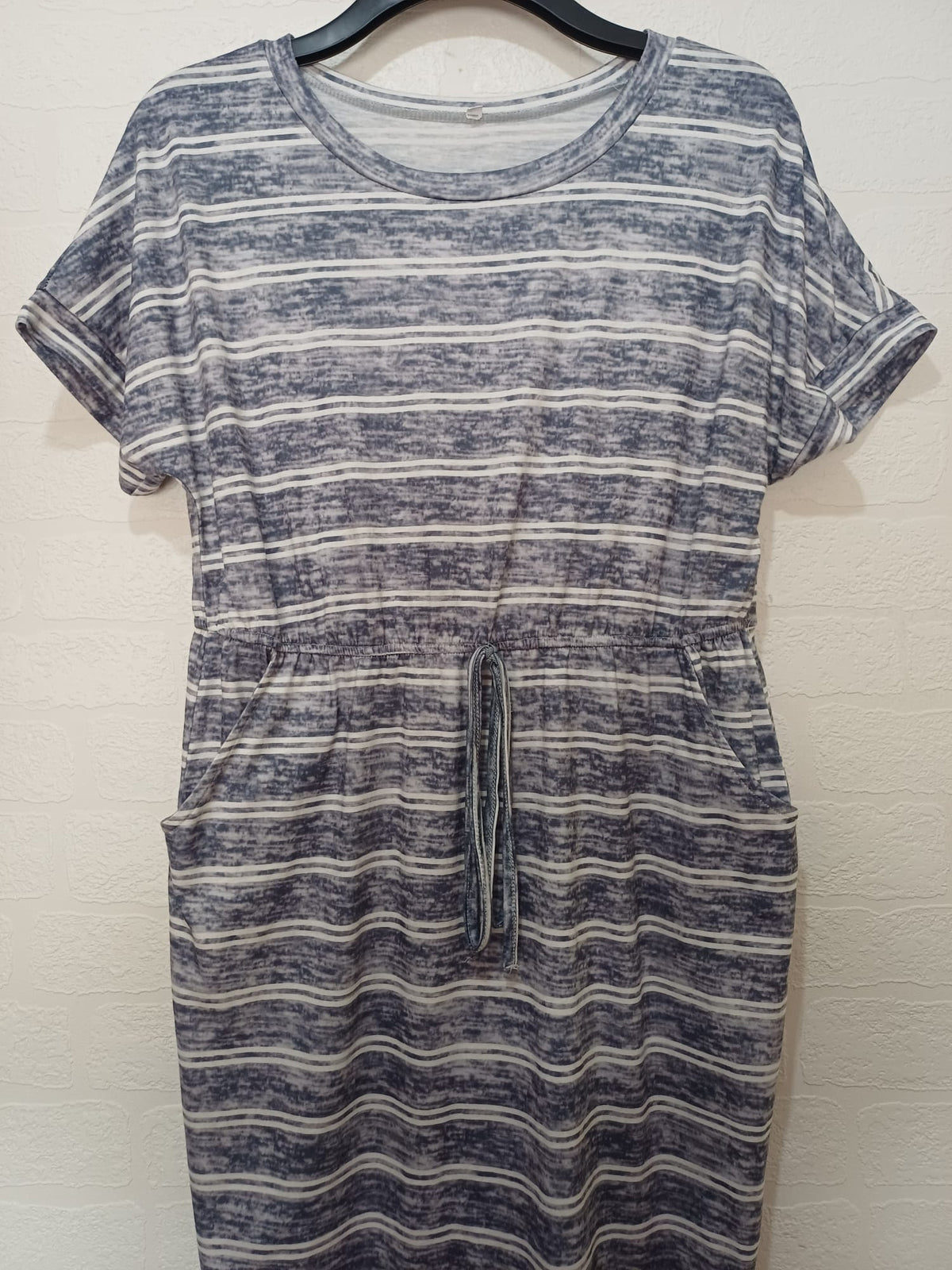 Women's Midi Dress Blue Grey White Striped Drawstring Size M Very Good Condition