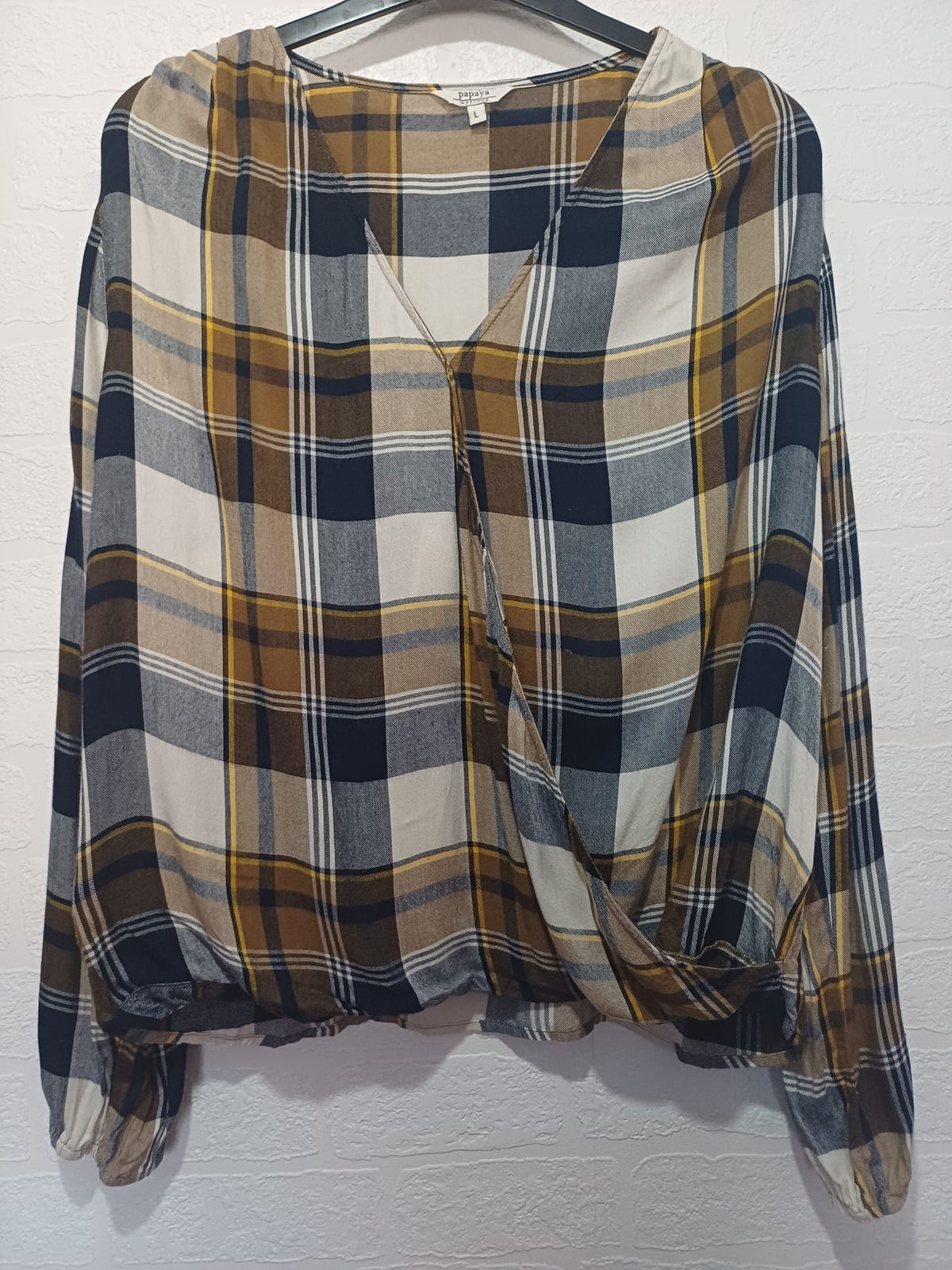 Women's Blouse Papaya Weekend Navy, Brown, Cream & Mustard Check Wrap Front Size L Very Good Condition
