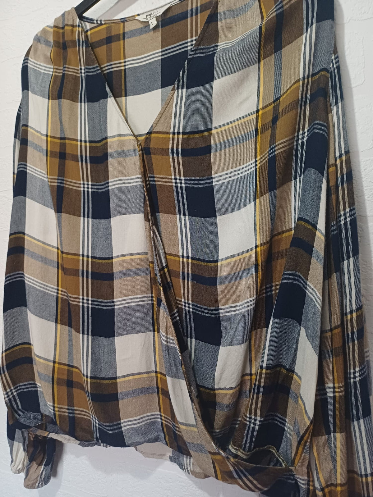 Women's Blouse Papaya Weekend Navy, Brown, Cream & Mustard Check Wrap Front Size L Very Good Condition