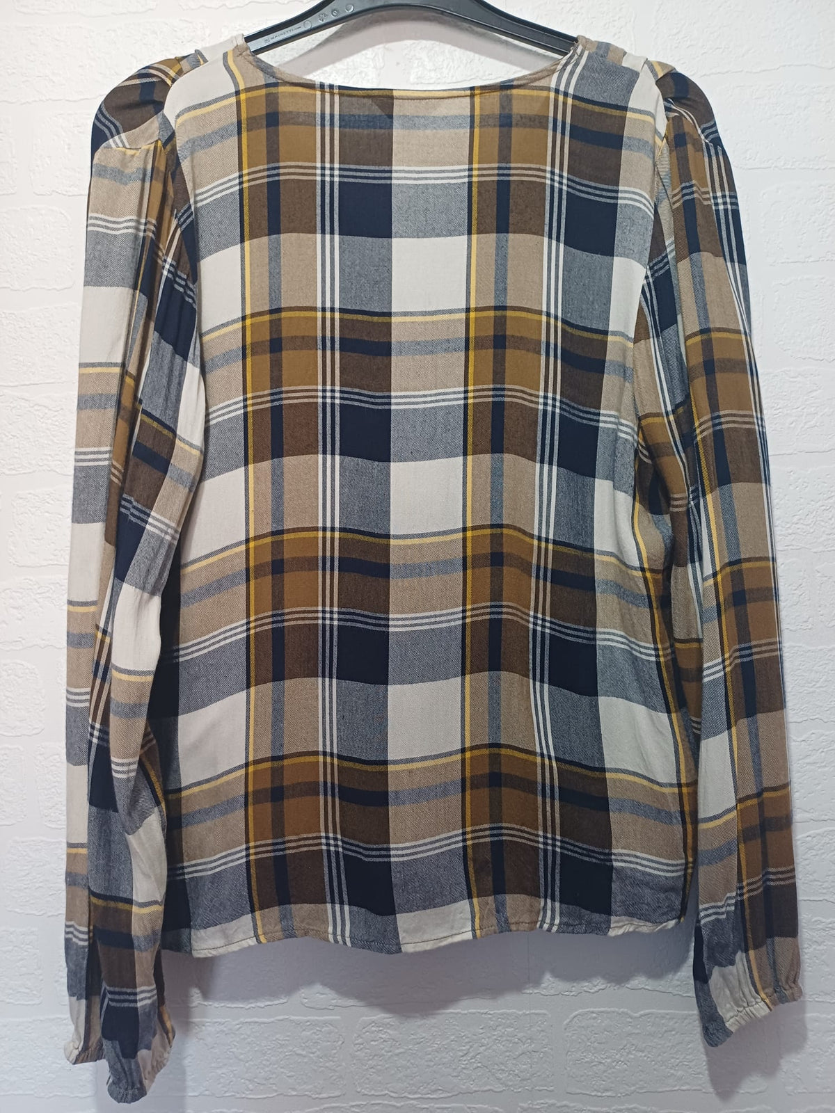 Women's Blouse Papaya Weekend Navy, Brown, Cream & Mustard Check Wrap Front Size L Very Good Condition