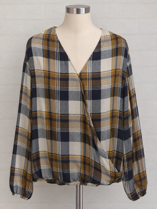 Women's Blouse Papaya Weekend Navy, Brown, Cream & Mustard Check Wrap Front Size L Very Good Condition