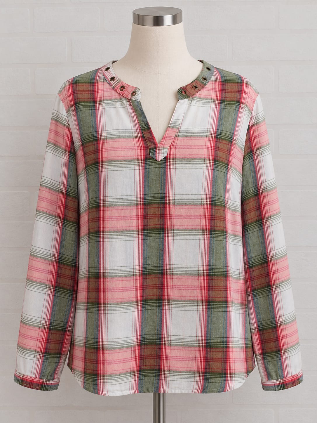 Women's Plus Size Blouse TU Pink, Green & White Check Long Sleeve Eyelet V-Neck Size UK 18 Very Good Condition