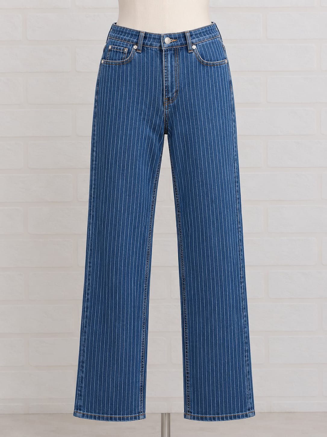 Women's Plus Size Jeans Gallery Blue Fine White Pinstripe Straight Leg Size UK 18 Very Good Condition