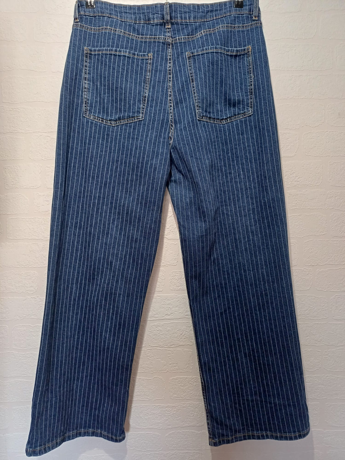 Women's Plus Size Jeans Gallery Blue Fine White Pinstripe Straight Leg Size UK 18 Very Good Condition