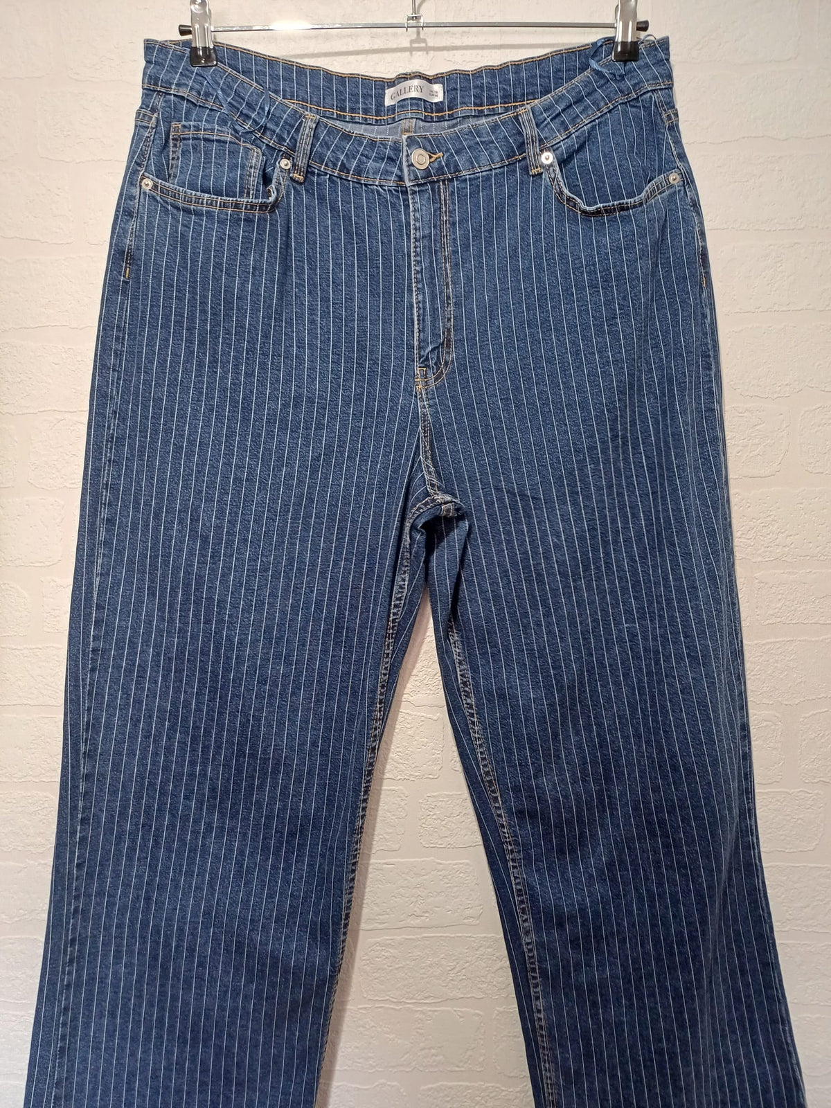 Women's Plus Size Jeans Gallery Blue Fine White Pinstripe Straight Leg Size UK 18 Very Good Condition