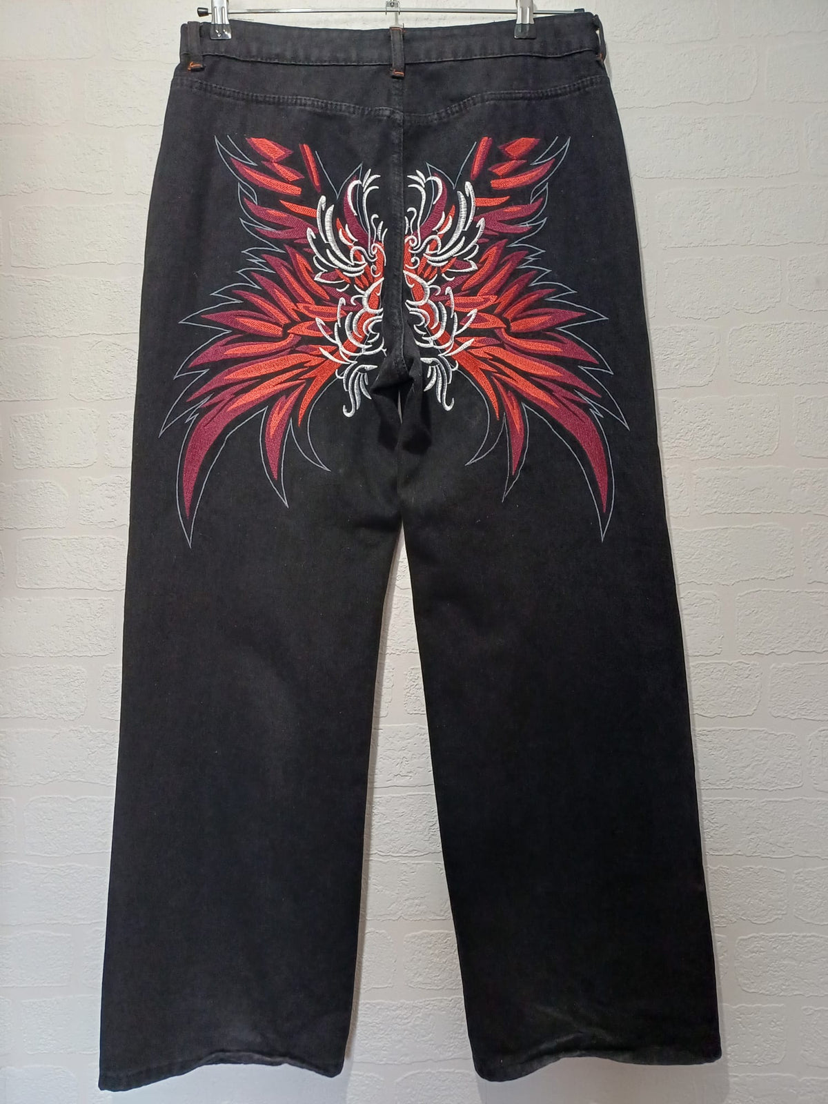 Men's Jeans SHEIN Black Embroidered Dragon Graphic Wide Leg Size L Very Good Condition