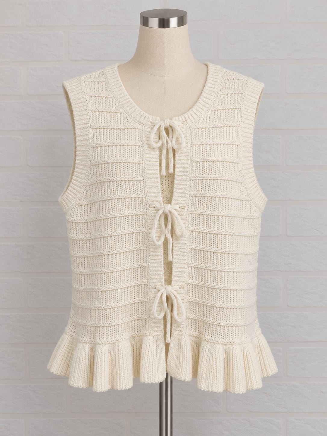 Women's Vest/Cardigan New Look Cream Knitted Textured Stripe Tie Front Ruffle Hem Size UK 14 Very Good Pre-Owned Condition