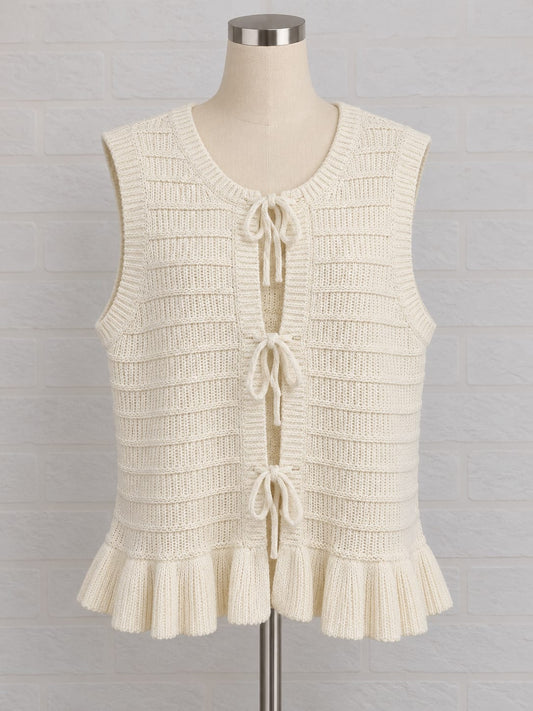 Women's Vest/Cardigan New Look Cream Knitted Textured Stripe Tie Front Ruffle Hem Size UK 14 Very Good Pre-Owned Condition