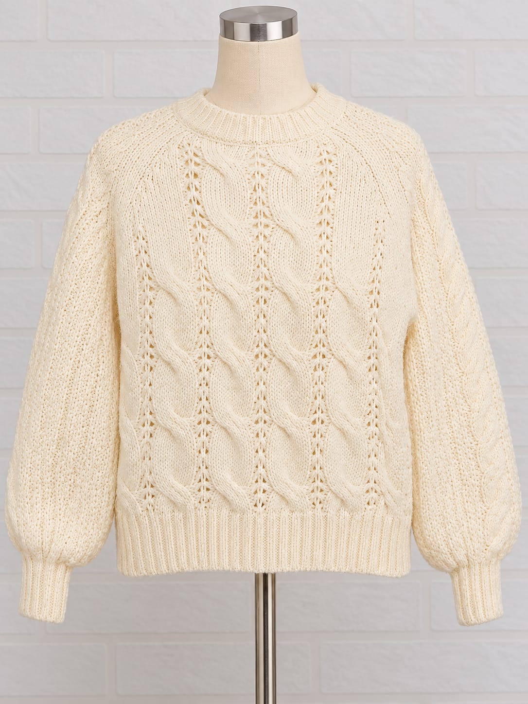 Women's Jumper Papaya Cream Cable Knit Textured Open-Knit Balloon Sleeve Size XS Very Good Pre-Owned Condition