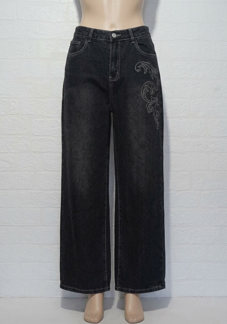 Women's Jeans ROMWE Black Embroidered Angel Wings Button-and-Zip Fastening Size L Very Good Condition