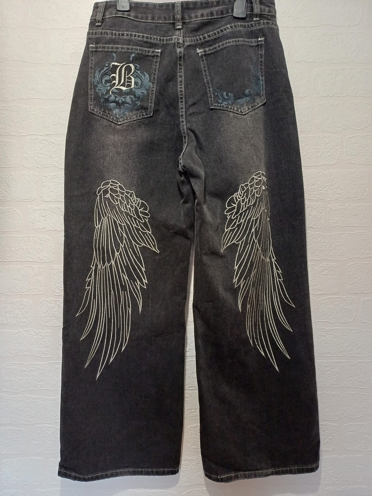 Women's Jeans ROMWE Black Embroidered Angel Wings Button-and-Zip Fastening Size L Very Good Condition