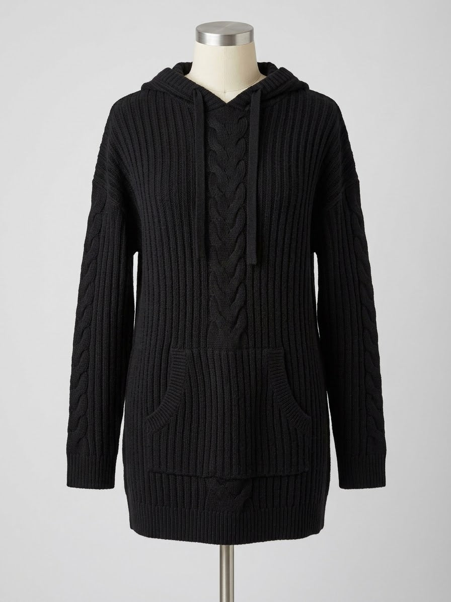 Women's Plus Size Jumper Studio Black Cable-Knit Hooded Tunic Size 16/18 Very Good Condition