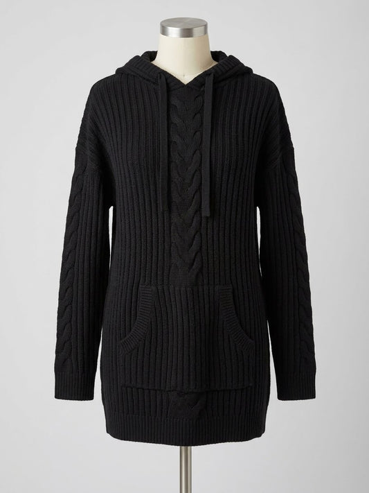 Women's Plus Size Jumper Studio Black Cable-Knit Hooded Tunic Size 16/18 Very Good Condition