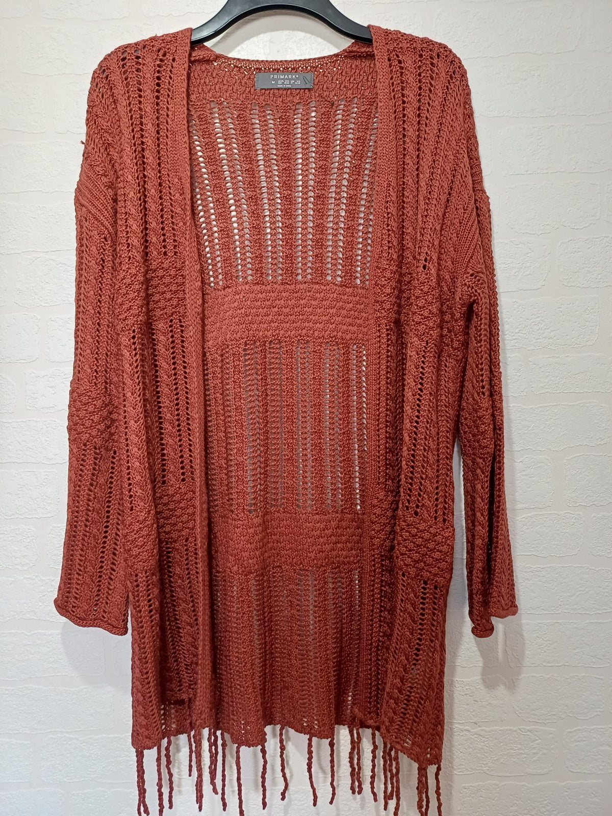 Women's Cardigan Primark Bronze Boho Pointelle Crochet Open Front Tassel Hem Size Medium Great Condition