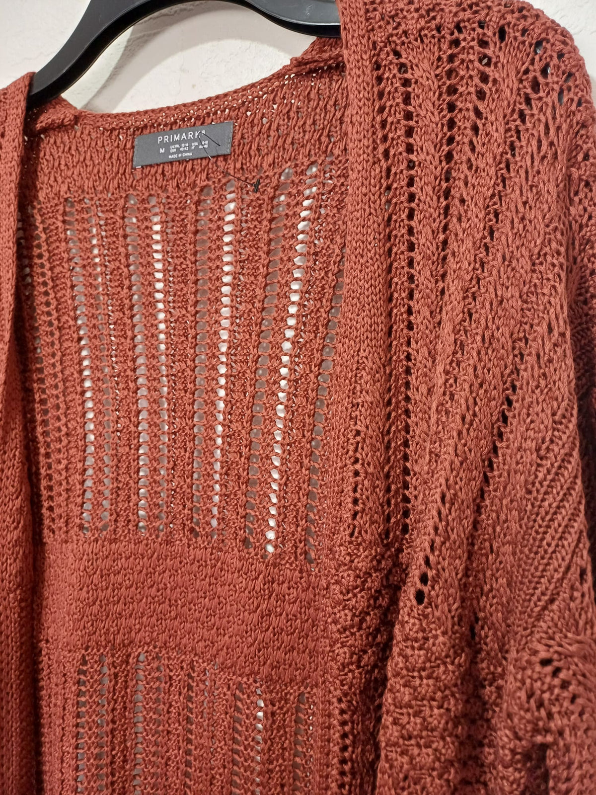 Women's Cardigan Primark Bronze Boho Pointelle Crochet Open Front Tassel Hem Size Medium Great Condition