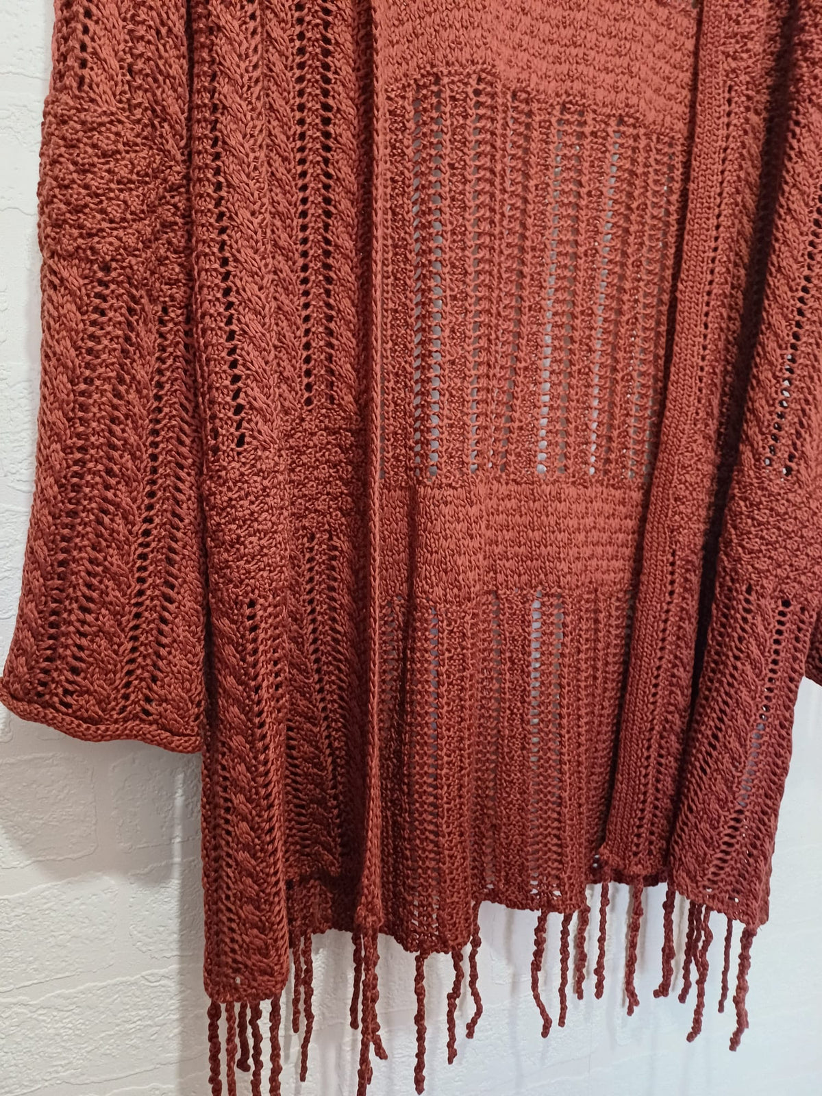 Women's Cardigan Primark Bronze Boho Pointelle Crochet Open Front Tassel Hem Size Medium Great Condition