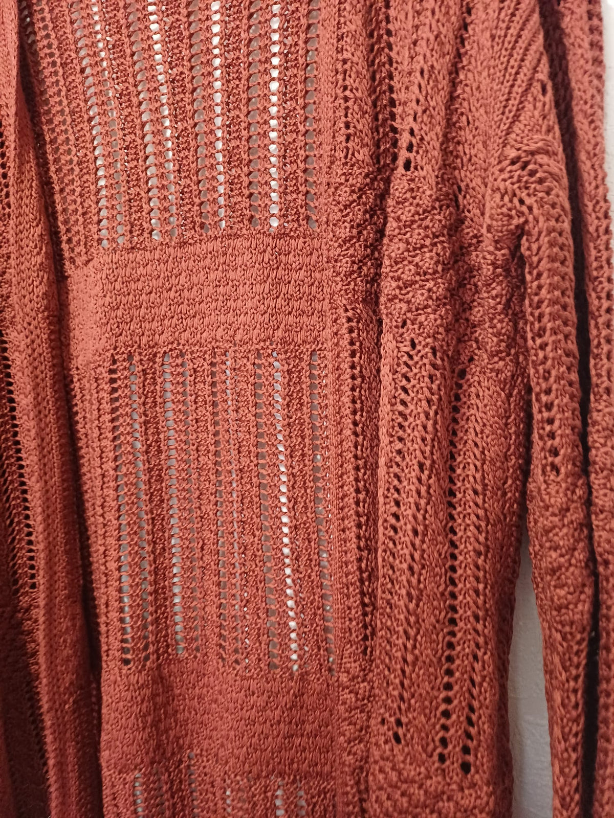 Women's Cardigan Primark Bronze Boho Pointelle Crochet Open Front Tassel Hem Size Medium Great Condition