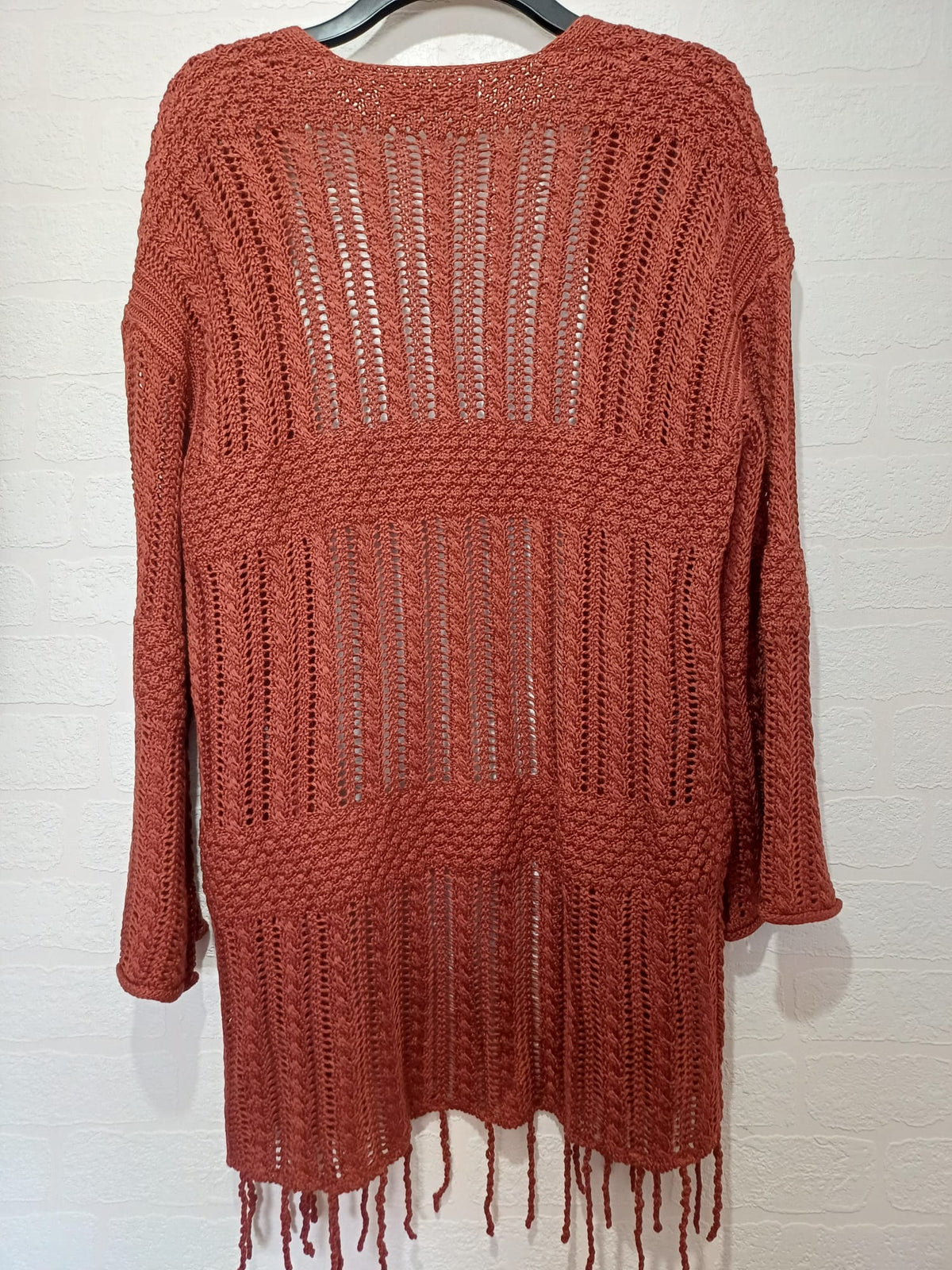 Women's Cardigan Primark Bronze Boho Pointelle Crochet Open Front Tassel Hem Size Medium Great Condition