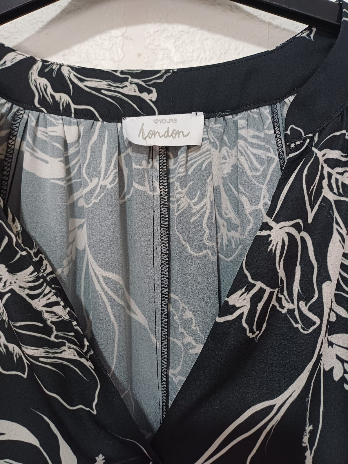 Women's Plus Size Tunic Blouse Yours London Black Floral V-Neck UK 20 Excellent Pre-Loved