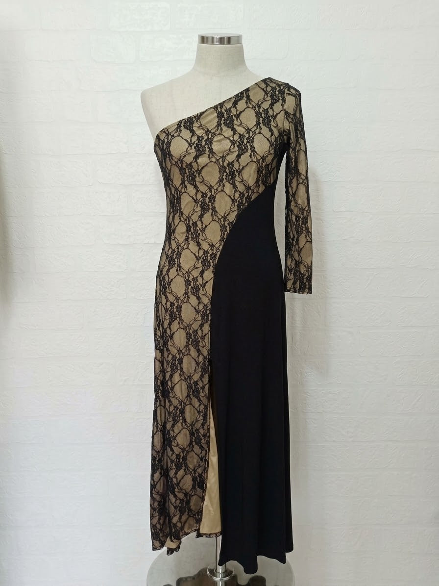 Women's Plus Size Maxi Dress BBX Lephsnt Black Nude Floral Lace One-Shoulder 3XL Very Good