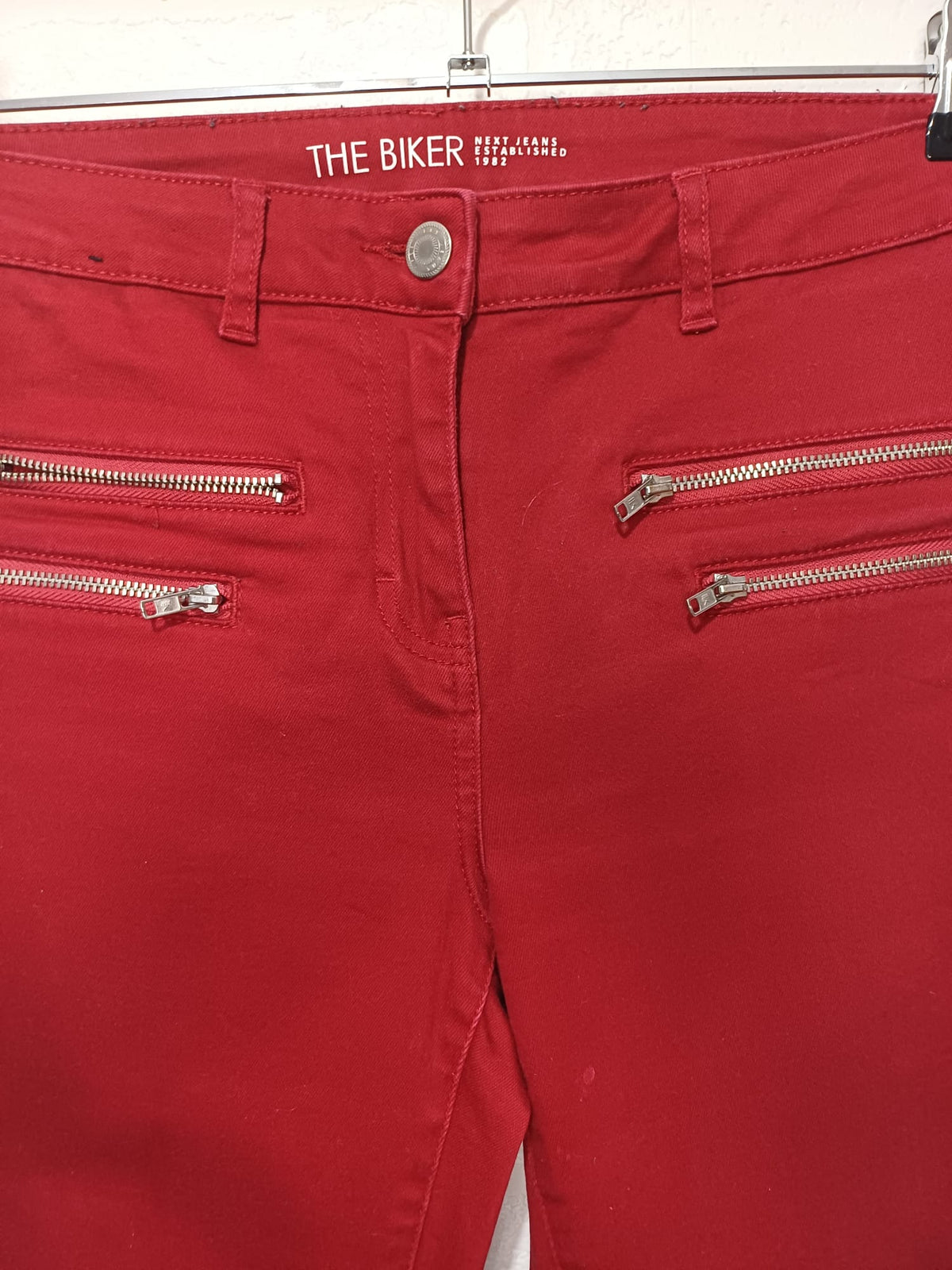 Women's Jeans NEXT Red 'The Biker' Zip Detail Skinny UK 10 Regular Very Good Condition