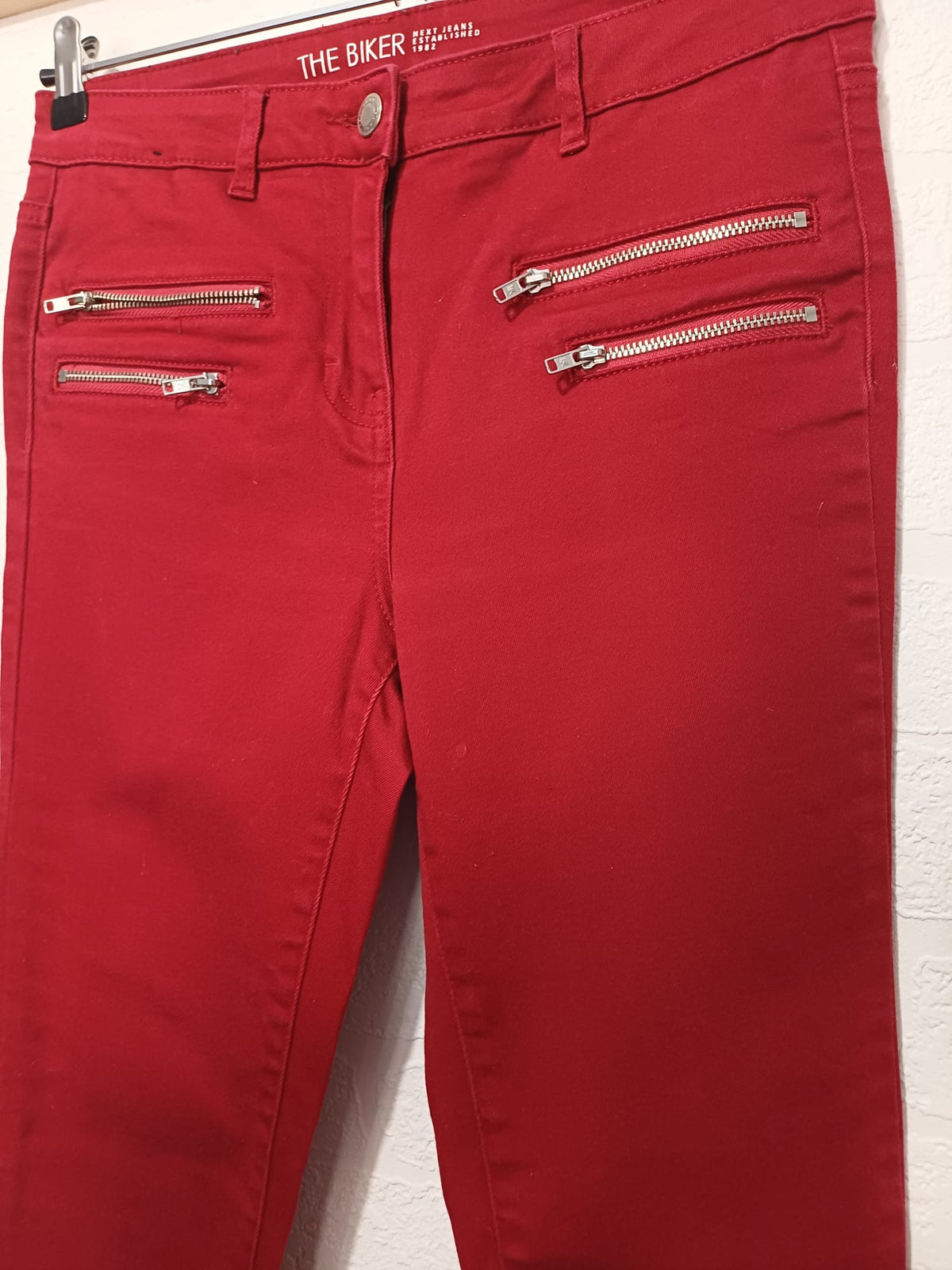 Women's Jeans NEXT Red 'The Biker' Zip Detail Skinny UK 10 Regular Very Good Condition