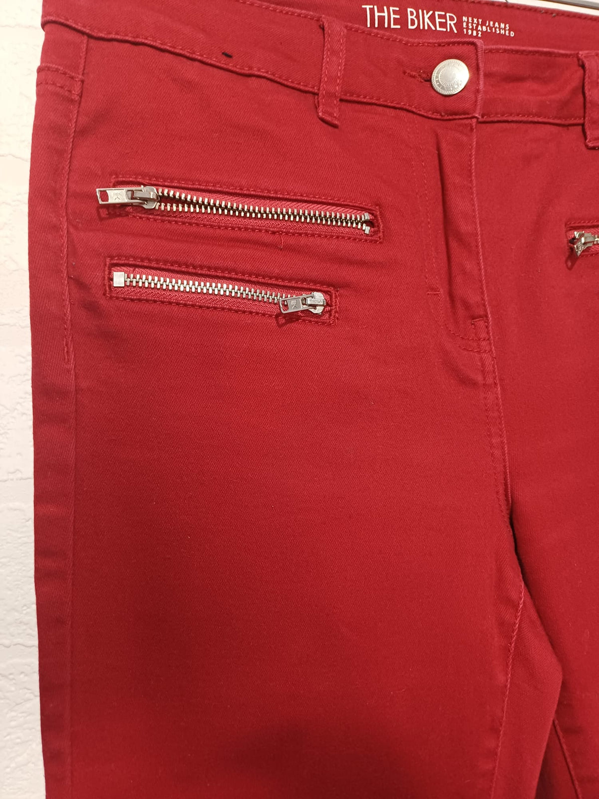 Women's Jeans NEXT Red 'The Biker' Zip Detail Skinny UK 10 Regular Very Good Condition