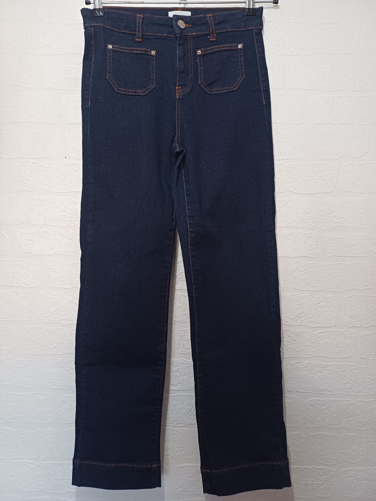 Women's Jeans Savida Dark Blue High Rise Straight/Wide Leg Front Patch Pockets UK 10 Very Good Condition