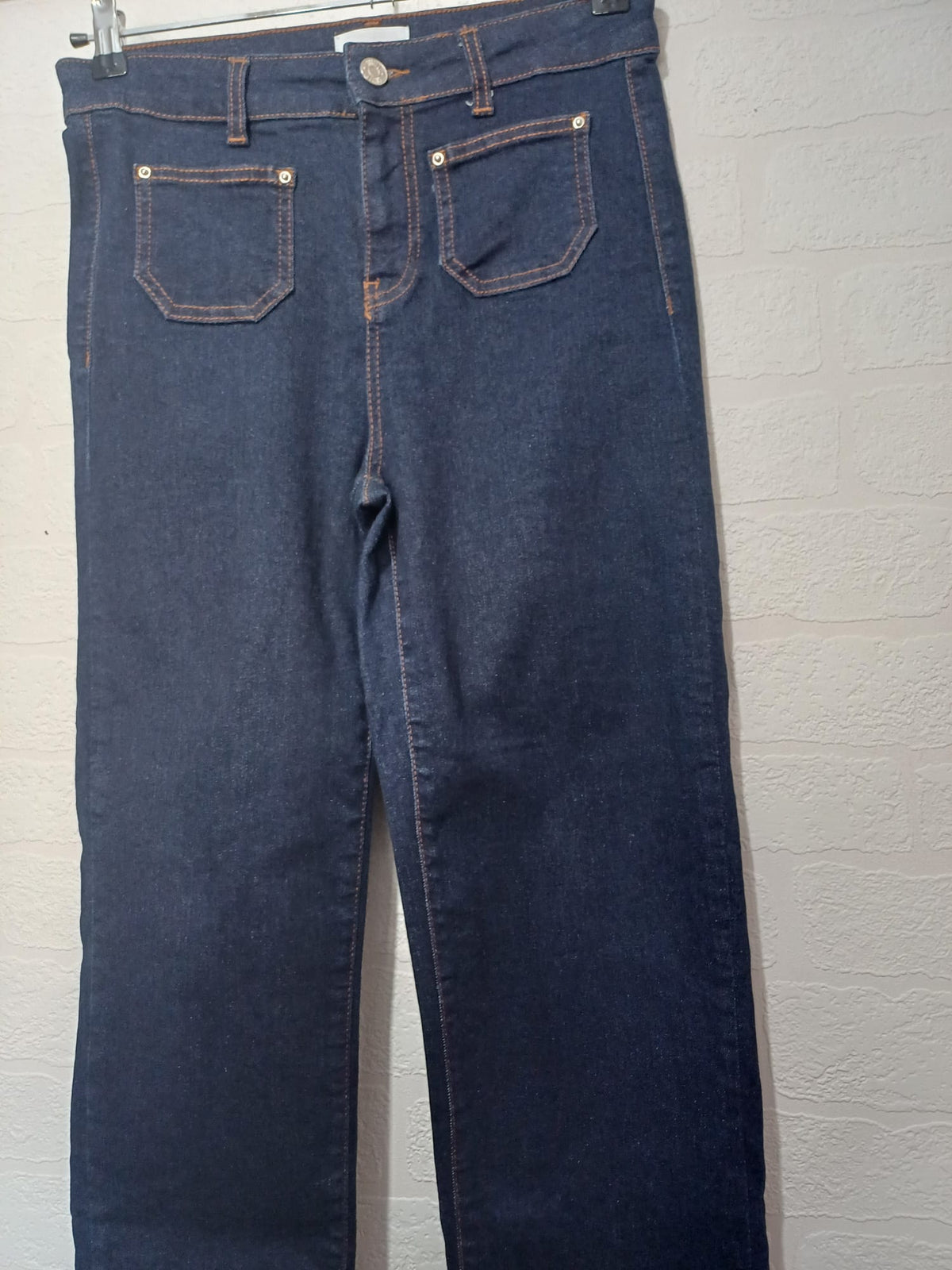 Women's Jeans Savida Dark Blue High Rise Straight/Wide Leg Front Patch Pockets UK 10 Very Good Condition