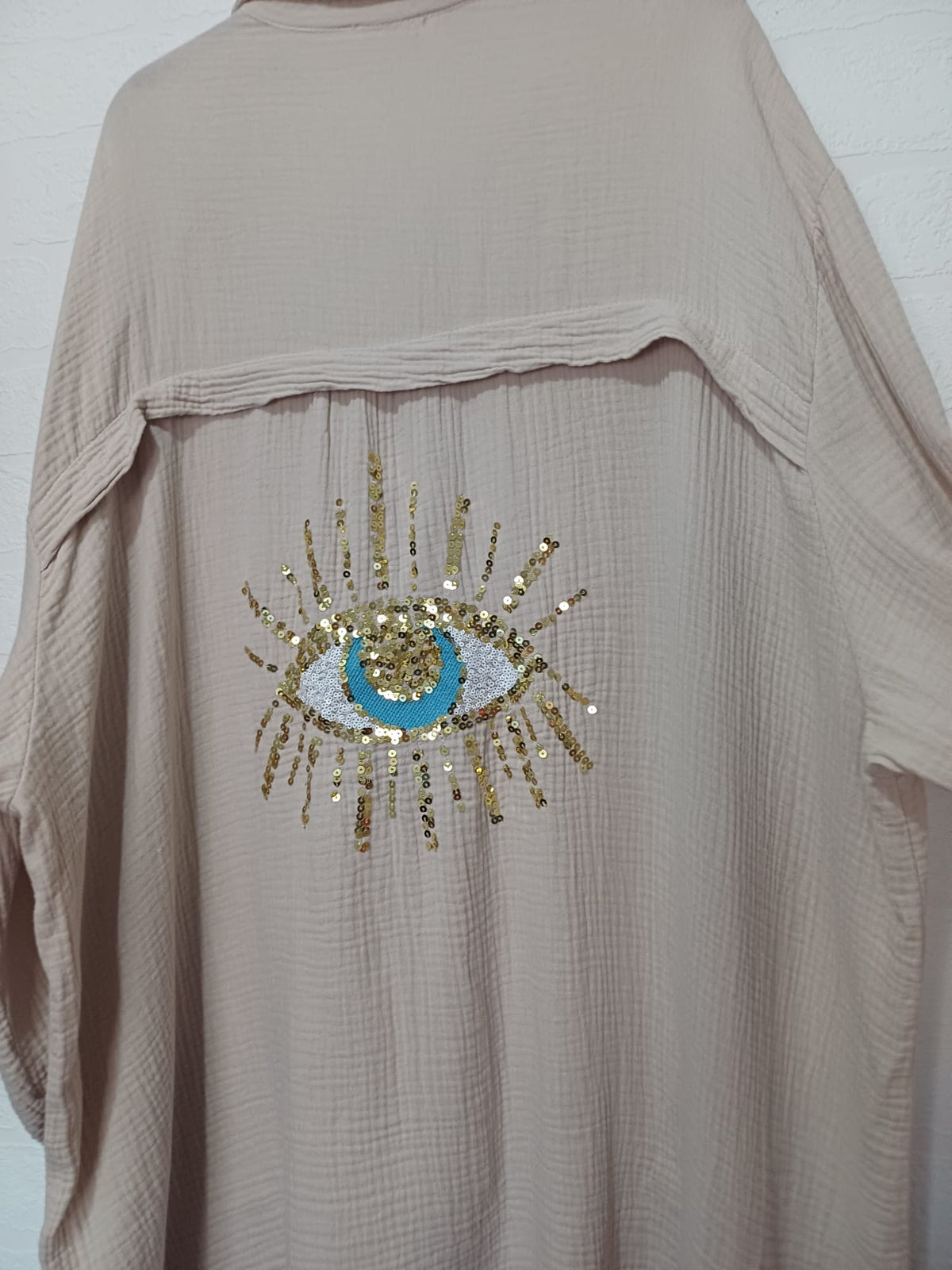 Women's Shirt Made in Italy Beige Double Gauze Cotton Sequin Evil Eye Oversized One Size Very Good Pre-owned Condition