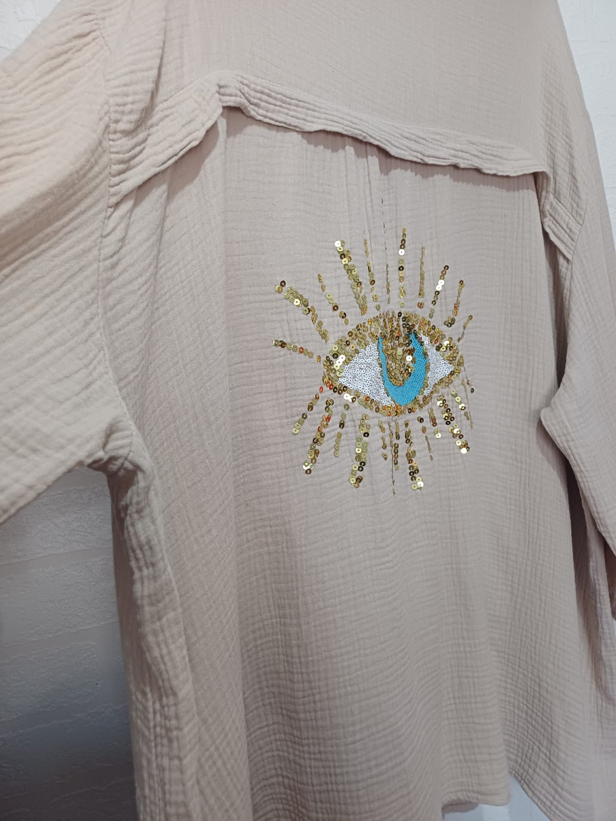 Women's Shirt Made in Italy Beige Double Gauze Cotton Sequin Evil Eye Oversized One Size Very Good Pre-owned Condition
