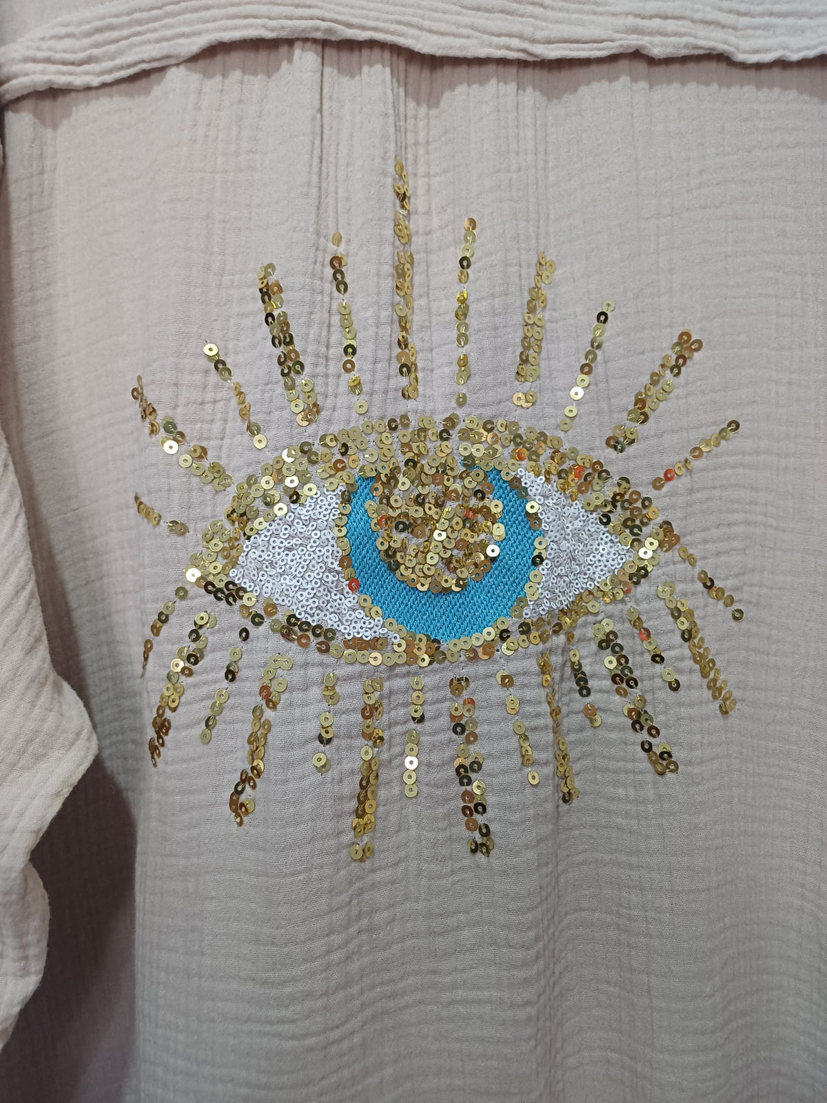 Women's Shirt Made in Italy Beige Double Gauze Cotton Sequin Evil Eye Oversized One Size Very Good Pre-owned Condition